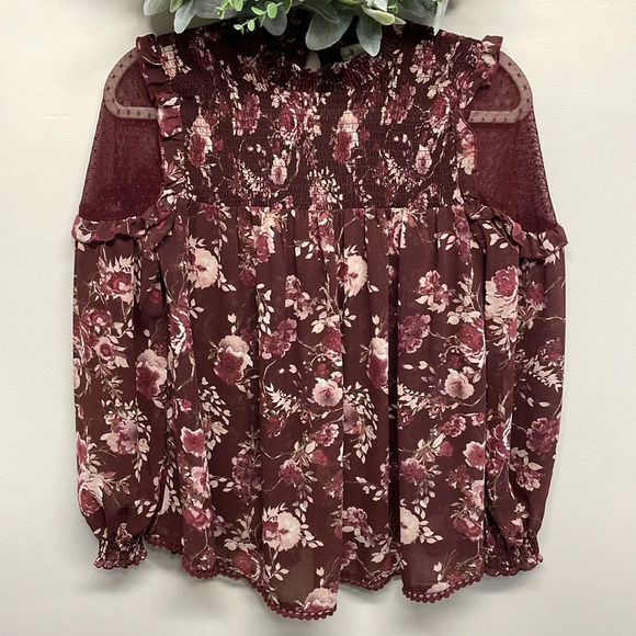 Skylar & Jade Burgundy Sheer Floral Long Sleeve Blouse Lace Ruffle Detail S - Picture 1 of 12
